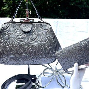 Grey Patricia Nash Smoked Gracchi Satchel, w/ matching Wallet, EUC